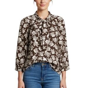 BURU X VAL BIG BOW BLOUSE Wrapper's Delight Print BROWN/WHITE Unique Buttons XS